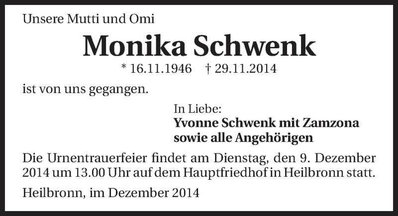  Traueranzeige für Monika Schwenk vom 06.12.2014 aus 