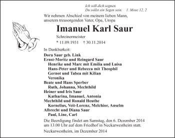 Traueranzeige von Imanuel Karl Saur 