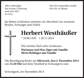 Traueranzeige von Herbert Westhäußer 