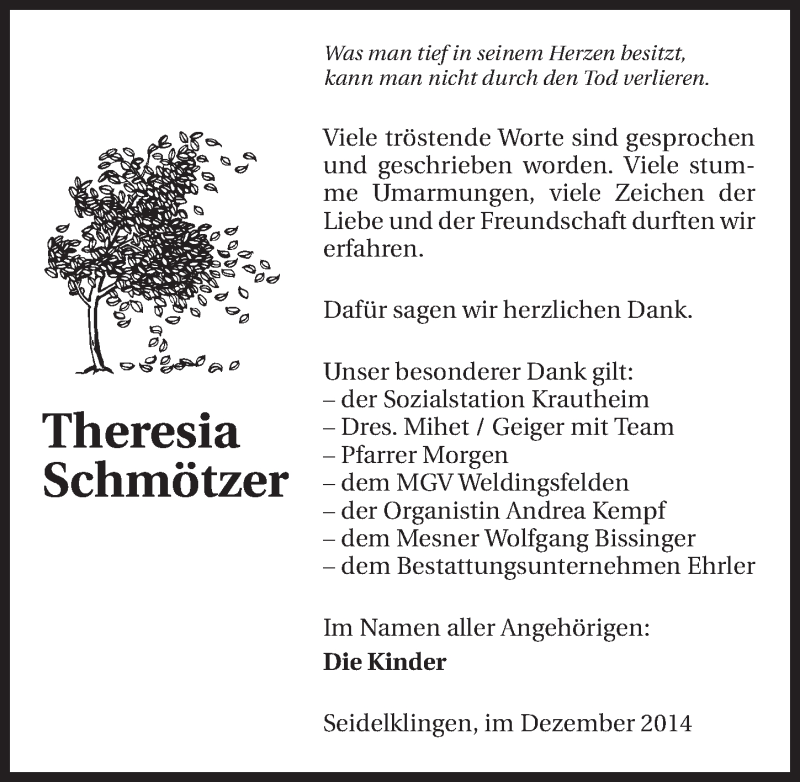  Traueranzeige für Theresia Schmötzer vom 05.12.2014 aus 