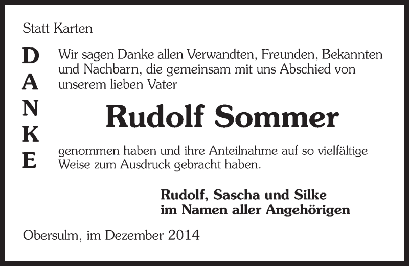  Traueranzeige für Rudolf Sommer vom 03.12.2014 aus 