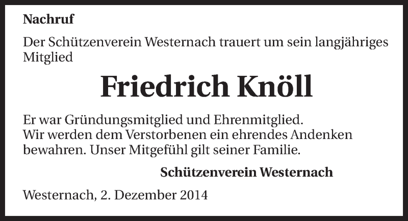  Traueranzeige für Friedrich Knöll vom 02.12.2014 aus 