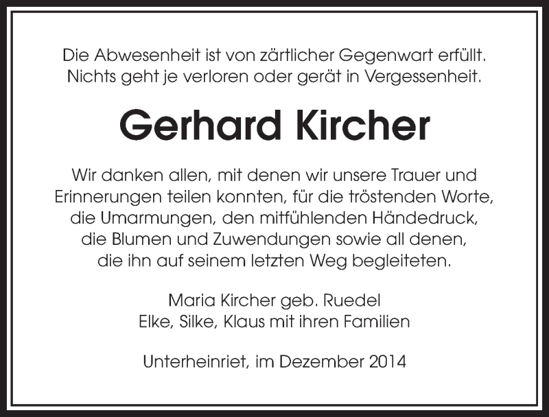  Traueranzeige für Gerhard Kircher vom 02.12.2014 aus 