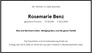 Traueranzeige von Rosemarie Benz 
