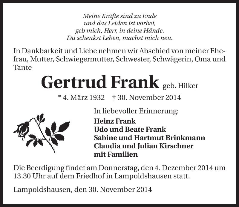  Traueranzeige für Gertrud Frank vom 02.12.2014 aus 