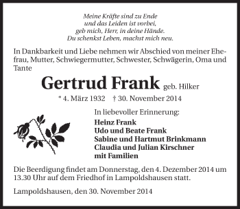 Traueranzeige von Gertrud Frank 