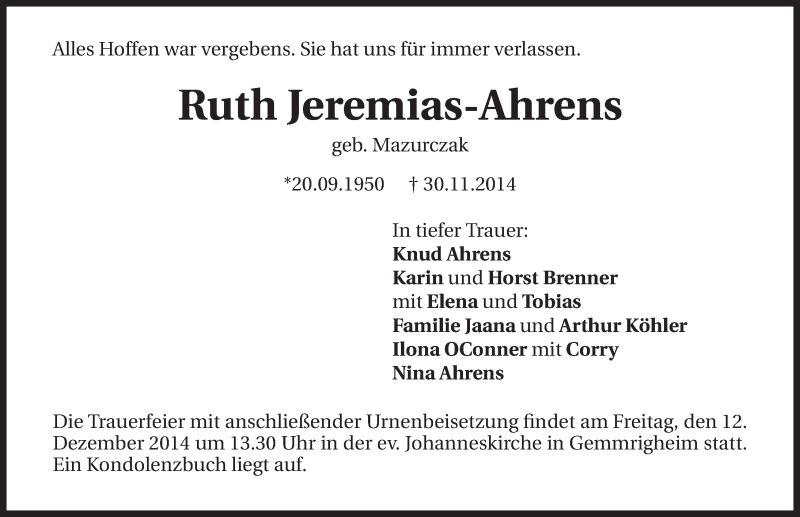  Traueranzeige für Ruth Jeremias-Ahrens vom 05.12.2014 aus 