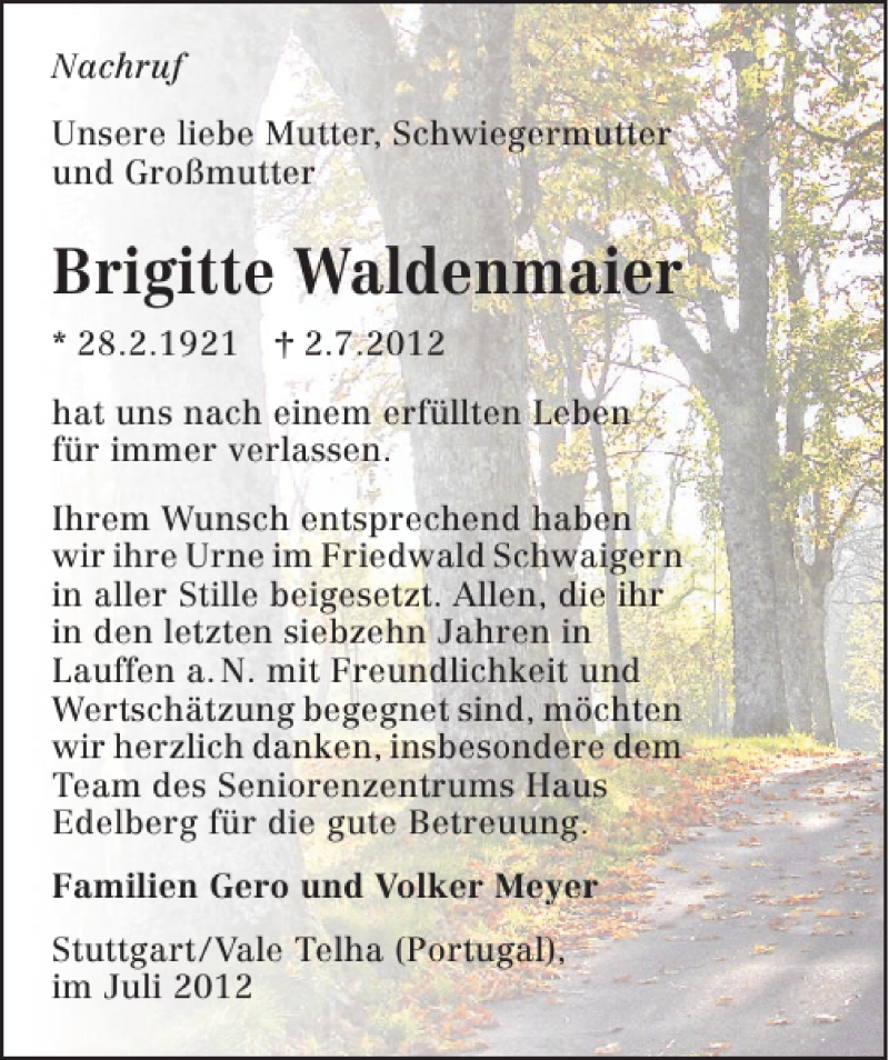  Traueranzeige für Waldenmaier Brigitte vom 28.07.2012 aus 