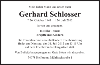 Traueranzeige von Gerhard Schlosser 