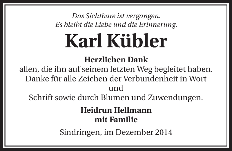  Traueranzeige für Karl Kübler vom 03.12.2014 aus 
