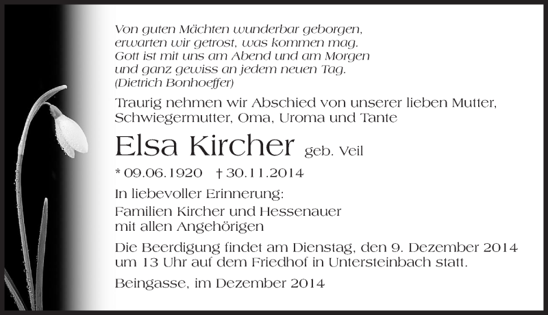  Traueranzeige für Elsa Kircher vom 04.12.2014 aus 