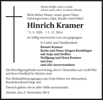 Traueranzeige von Hinrich Kramer 