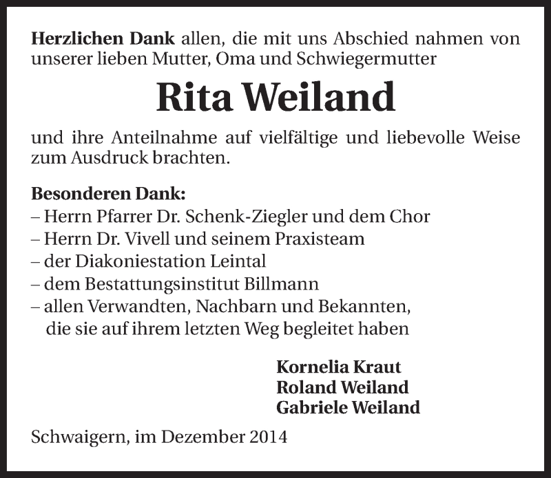  Traueranzeige für Rita Weiland vom 03.12.2014 aus 