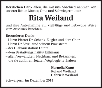 Traueranzeige von Rita Weiland 