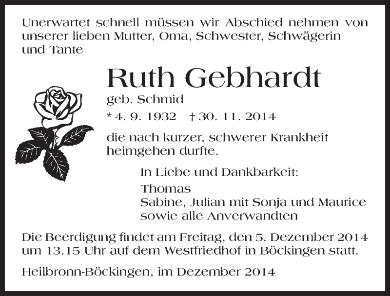  Traueranzeige für Ruth Gebhardt vom 03.12.2014 aus 