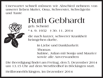 Traueranzeige von Ruth Gebhardt 