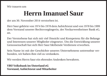 Traueranzeige von Imanuel Saur 