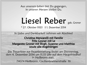 Traueranzeige von Luise Reber 