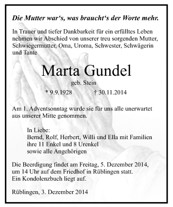Traueranzeige von Marta Gundel 