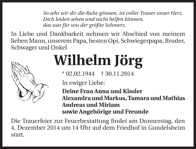  Traueranzeige für Wilhelm Jörg vom 03.12.2014 aus 
