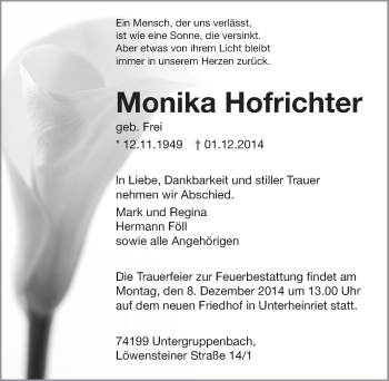 Traueranzeige von Monika Hofrichter 