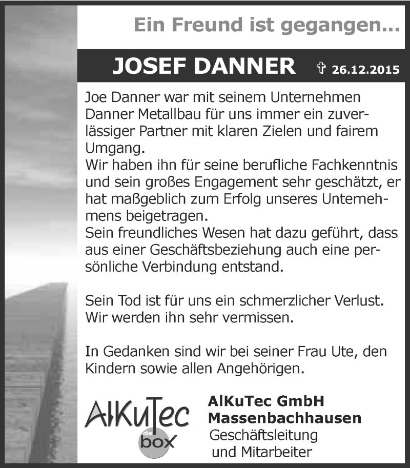  Traueranzeige für Josef Danner vom 29.12.2015 aus 