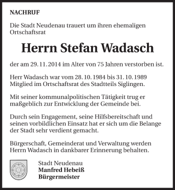 Traueranzeige von Stefan Wadasch 
