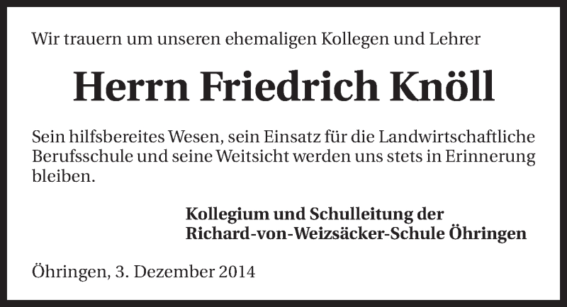  Traueranzeige für Friedrich Knöll vom 04.12.2014 aus 