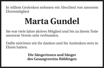 Traueranzeige von Marta Gundel 