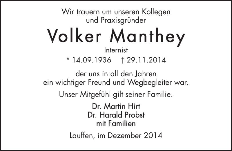  Traueranzeige für Volker Manthey vom 06.12.2014 aus 