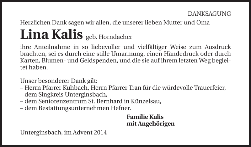  Traueranzeige für Lina Kalis vom 06.12.2014 aus 