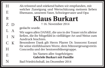 Traueranzeige von Klaus Burkart 
