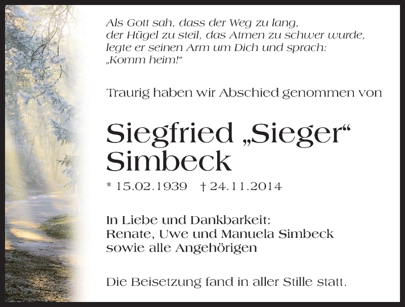  Traueranzeige für Siegfried Simbeck vom 06.12.2014 aus 
