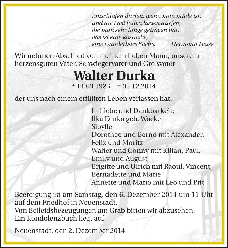  Traueranzeige für Walter Durka vom 05.12.2014 aus 