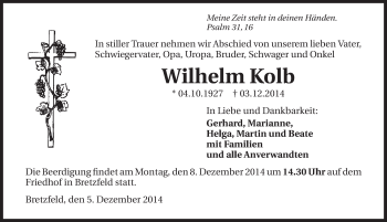 Traueranzeige von Wilhelm Kolb 