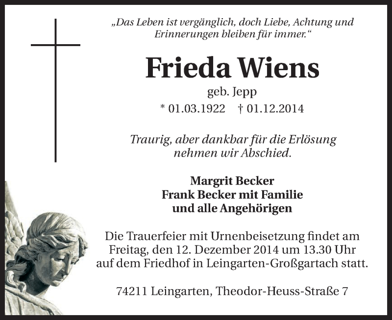  Traueranzeige für Frieda Wiens vom 06.12.2014 aus 