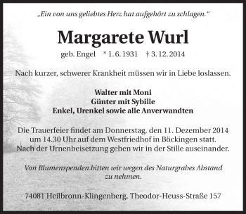 Traueranzeige von Margarete Wurl 