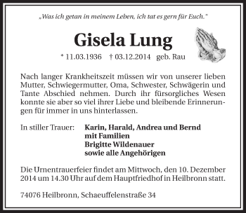 Traueranzeige von Gisela Lung 