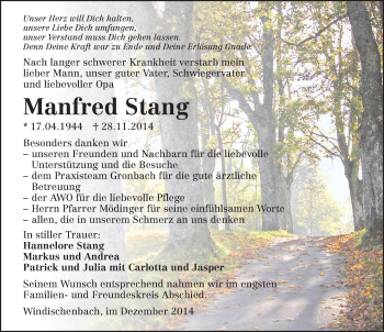Traueranzeige von Manfred Stang 