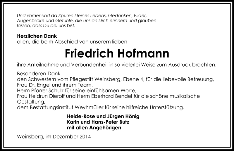  Traueranzeige für Friedrich Hofmann vom 06.12.2014 aus 