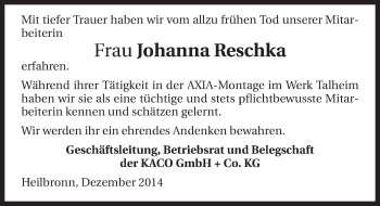 Traueranzeige von Johanna Reschka 
