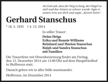 Traueranzeige von Gerhard Stanschus 
