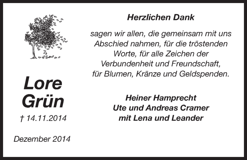  Traueranzeige für Lore Grün vom 06.12.2014 aus 