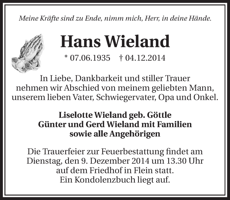  Traueranzeige für Hans Wieland vom 05.12.2014 aus 