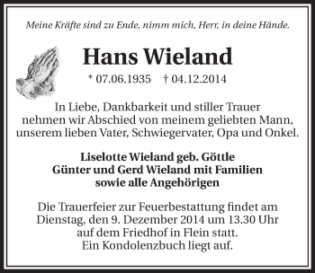 Traueranzeige von Hans Wieland 