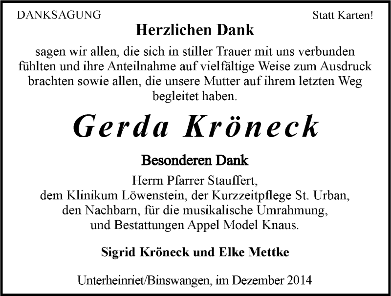  Traueranzeige für Gerda Kröneck vom 06.12.2014 aus 