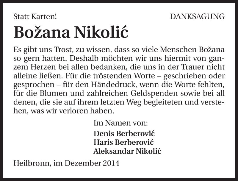  Traueranzeige für Bozana Nikolic vom 06.12.2014 aus 