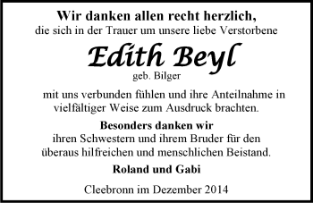 Traueranzeige von Edith Beyl 
