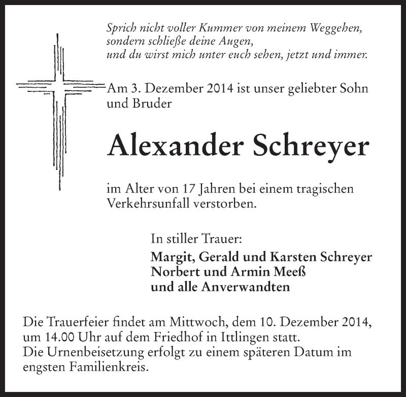  Traueranzeige für Alexander Schreyer vom 06.12.2014 aus 