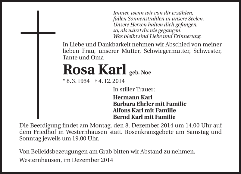  Traueranzeige für Rosa Karl vom 06.12.2014 aus 